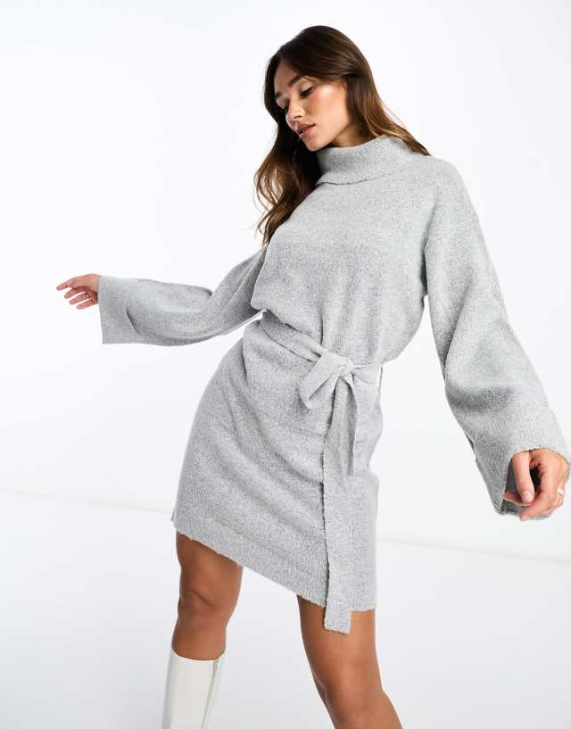 Vila - roll neck mini jumper dress with tie waist in light grey