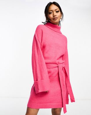 Vila roll neck mini jumper dress with tie waist in pink