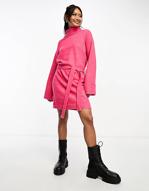 Vila roll neck mini jumper dress with tie waist in pink | ASOS