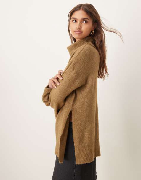 Vila roll neck oversized jumper with turn up cuff in green melange - view 1