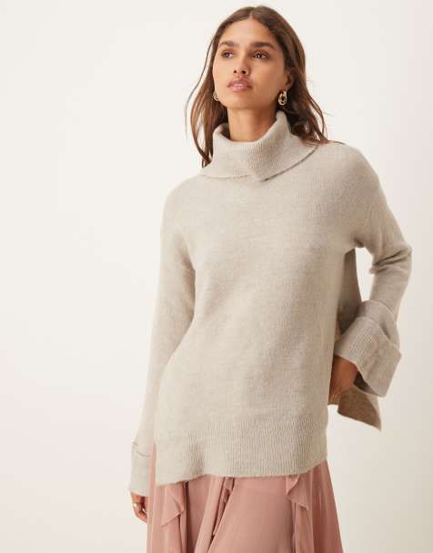 Vila roll neck oversized jumper with turn up cuff in natural melange - view 1