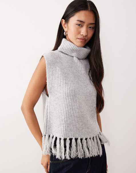 VILA roll neck singlet with fringed trim in light grey melange - view 1