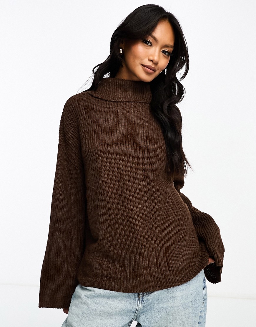 Vila Roll Neck Sweater With Side Slits In Brown