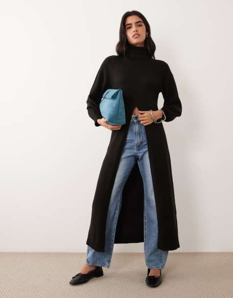 Vila Rollkragen-Strick-Maxipullover mit Schlitzdetail in Schwarz - view 1