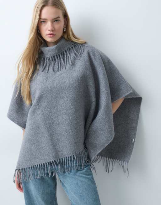 Vila Rollkragen-Strickcape mit Fransenbesatz in dunkelgrau meliert, 3 von 5