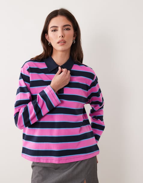 Vila – Rosa- och marinblårandig rugbytröja i oversize - view 1