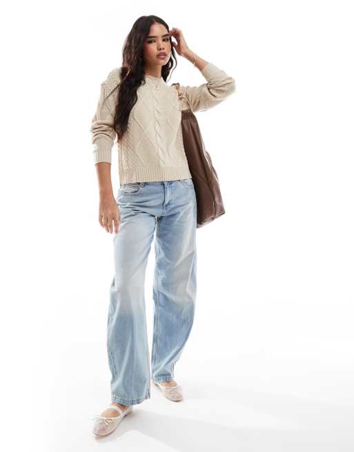 Vila round neck cable knit sweater in cream
