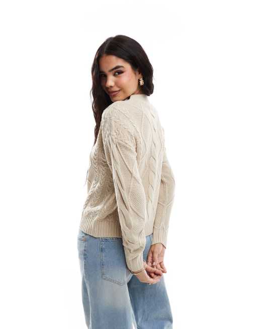 Vila round neck cable knit sweater in cream