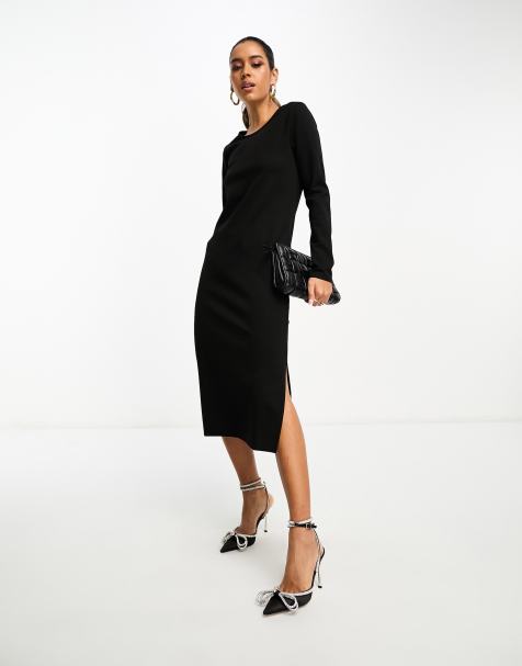 Black Lace High Neck Long Sleeve Draped Midi Dress