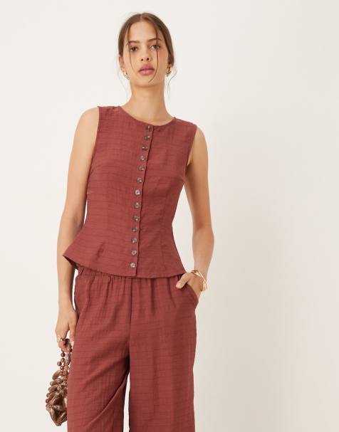Vila round neck vest co-ord in burnt henna check