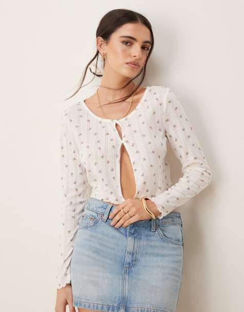 Vila pointelle button front cardigan in pink ditsy floral