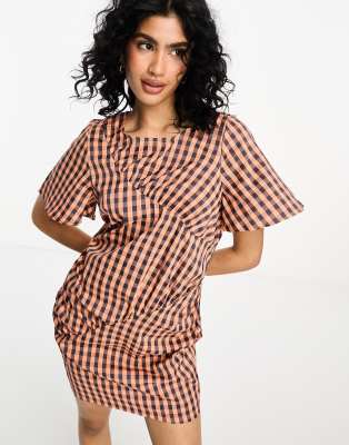 ruched detail mini dress in navy check-Multi