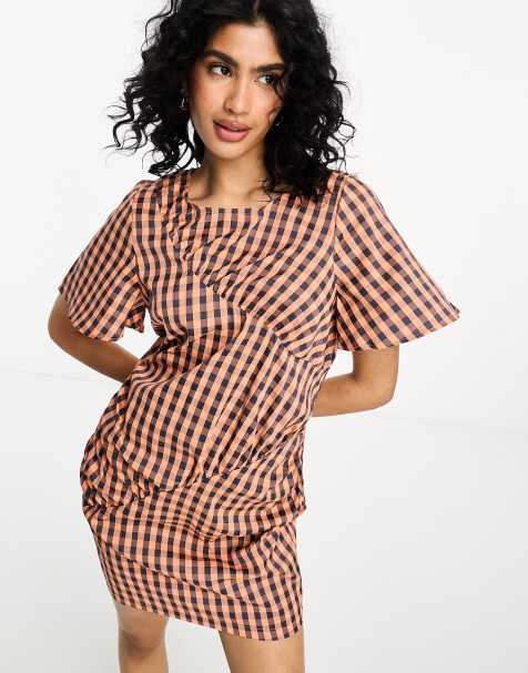 Vila ruched detail mini dress in navy check
