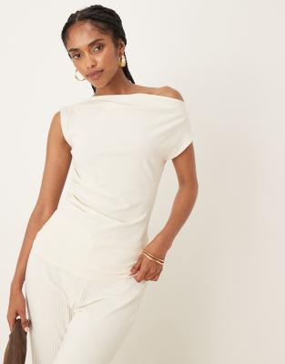 ruched detail ribbed top in cream - part of a set-White