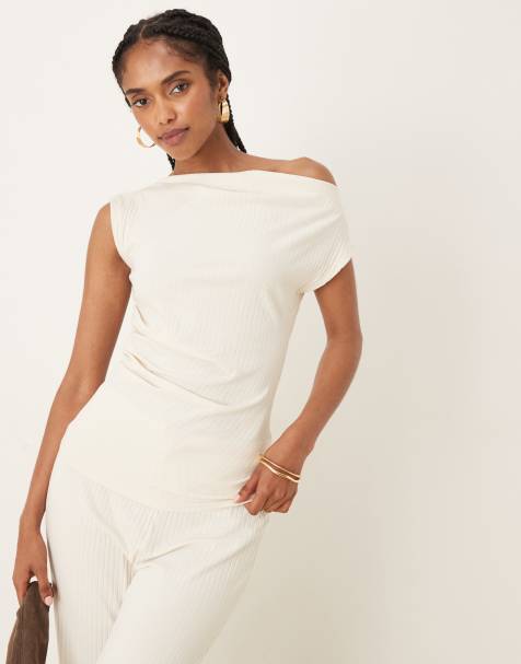 VILA ruched detail ribbed top in cream - part of a set - view 1