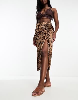 Vila Ruched Front Midi Skirt In Animal Print-multi