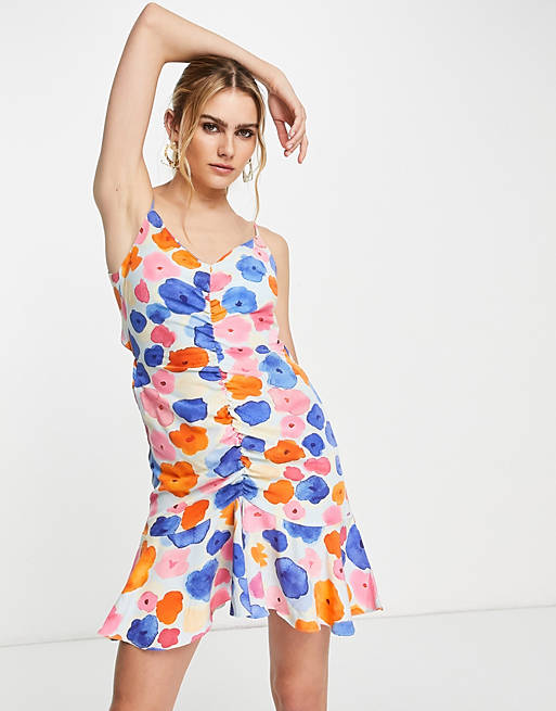Vila ruched front mini dress with tie back in bold floral