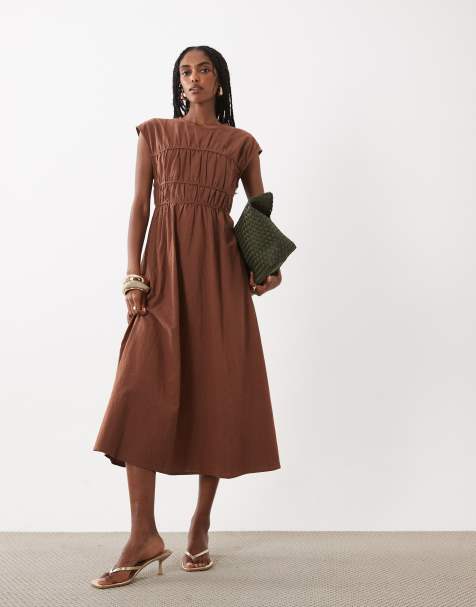 VILA ruched piping details woven midaxi dress in chocolate brown - view 1
