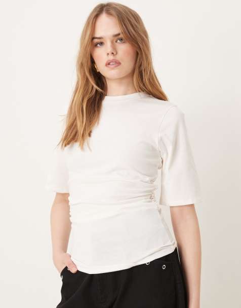 Vila ruched side detail short sleeve t-shirt in cream - view 1