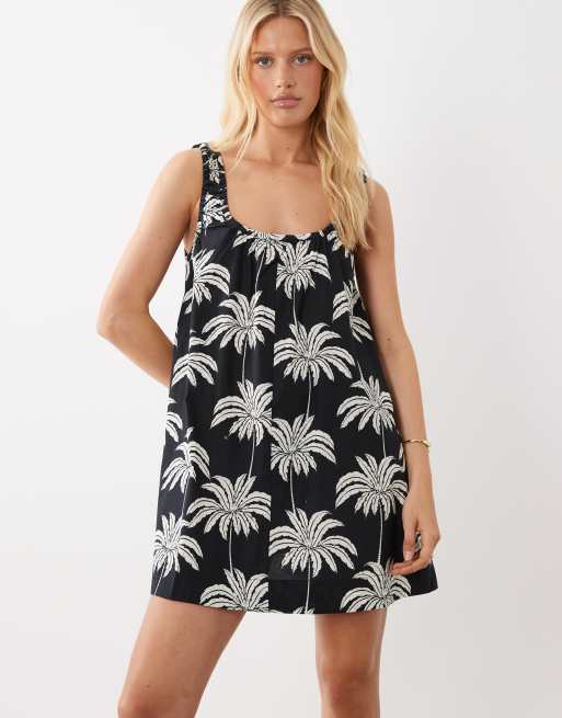 VILA ruched straps palm print cami mini dress in black and white , 4 of 4