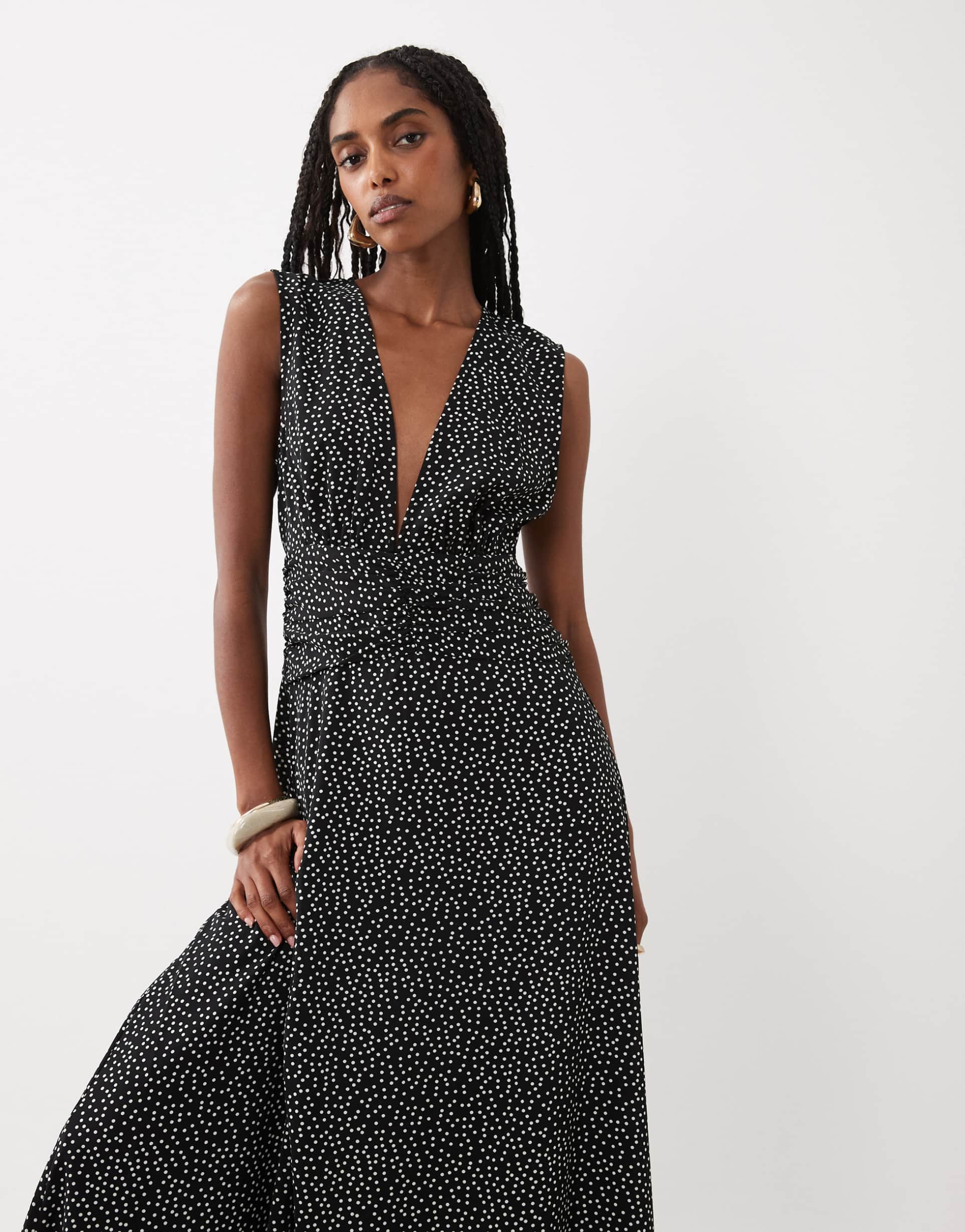 vila ruched waist deep v neck maxi dress in black and white polka dot print