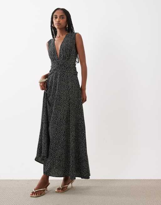 VILA ruched waist deep v neck maxi dress in black and white polka dot print, 2 of 4