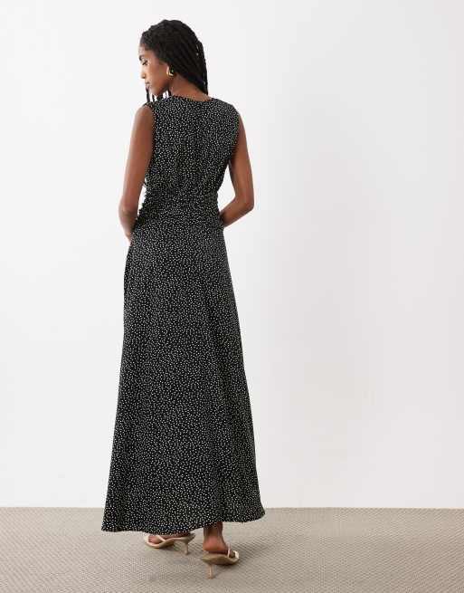 VILA ruched waist deep v neck maxi dress in black and white polka dot, 4 of 4