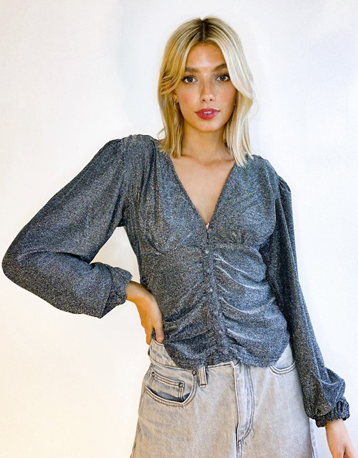 Vila ruched waist top in silver
