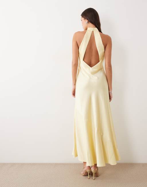 VILA – Rückenfreies Neckholder-Maxikleid aus Satin in Pastellgelb, 2 von 4