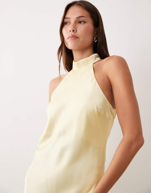 VILA – Rückenfreies Neckholder-Maxikleid aus Satin in Pastellgelb, 4 von 4