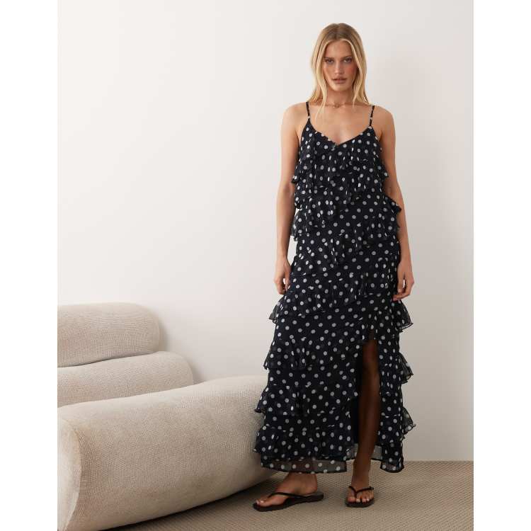 VILA ruffle cami maxi dress with leg slit in navy polka dots | ASOS