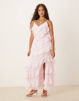 Vila ruffle cami maxi dress with leg split in light pink - view 1