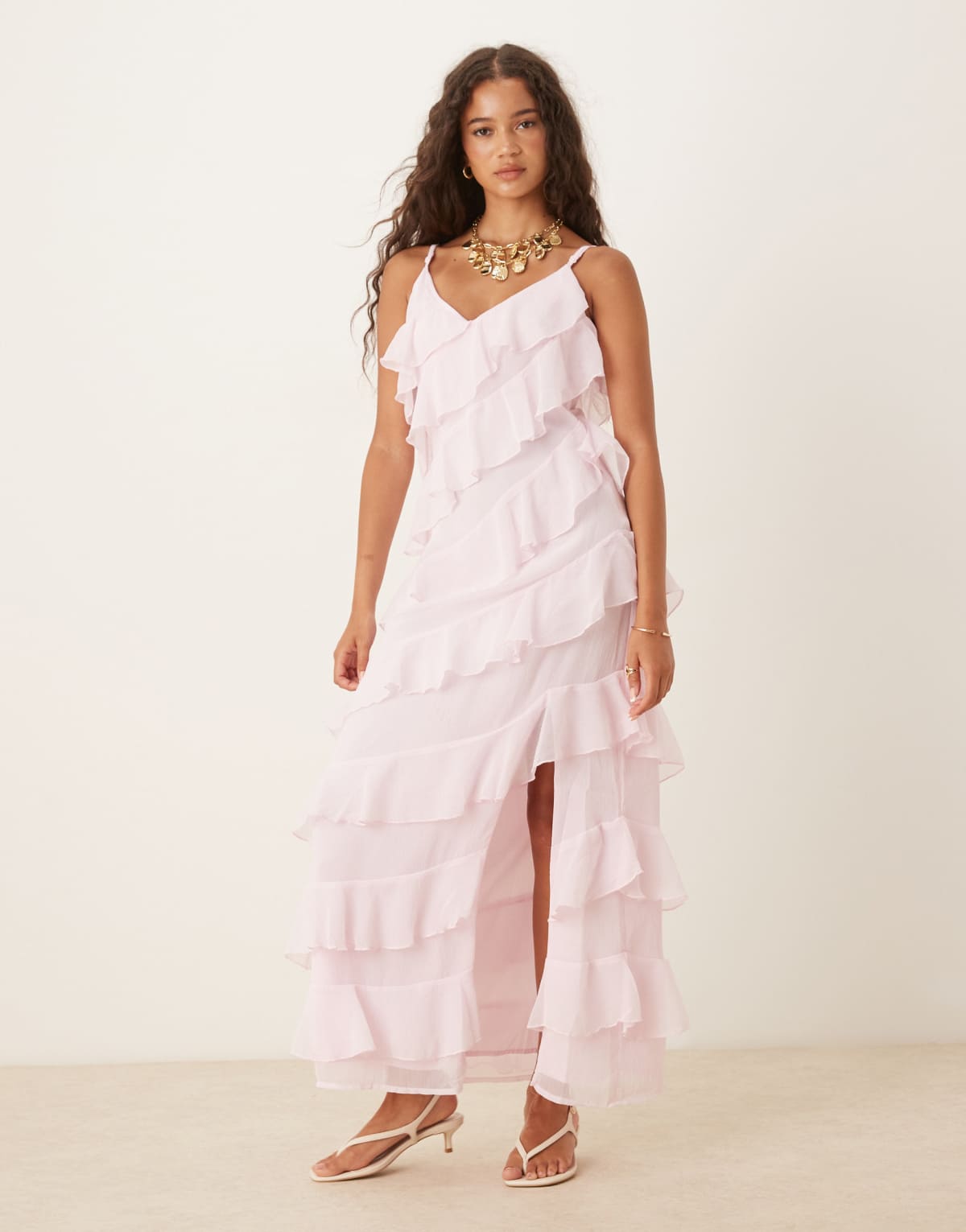Vila ruffle cami maxi dress with leg split in light pink