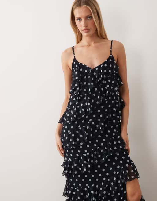 Vila ruffle cami maxi dress with leg split in navy polka dot, 2 of 4