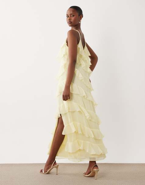 Vila ruffle cami maxi dress with leg split in pastel yellow