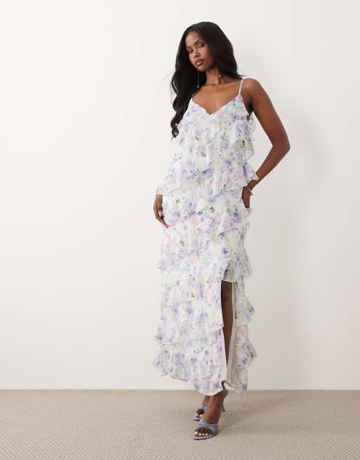Vila ruffle cami maxi dress with leg split in white floral print, 2 of 4