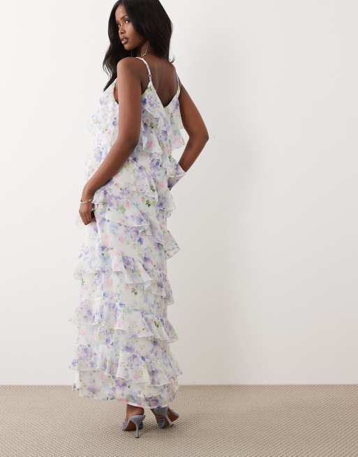 Vila ruffle cami maxi dress with leg split in white floral print, 4 of 4