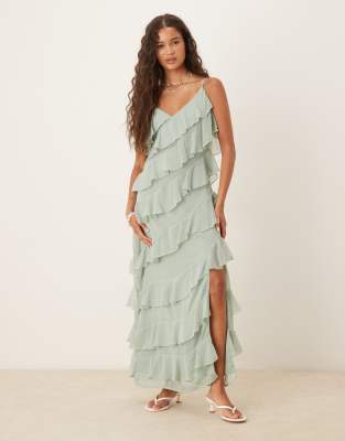 Vila ruffle cami midi dress with leg split in sage green - view 1
