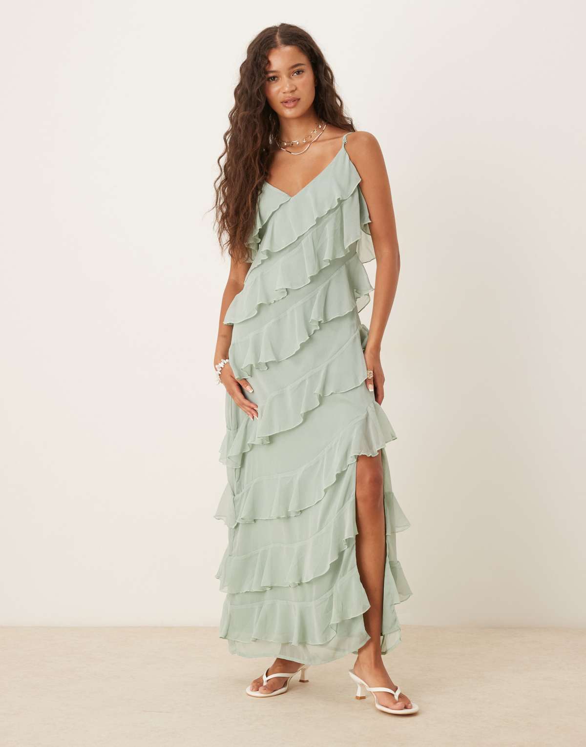 Vila ruffle cami midi dress with leg split in sage green