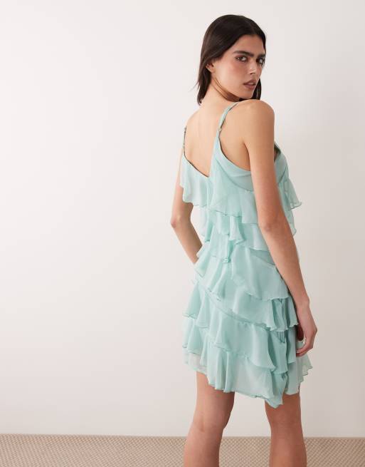 Vila ruffle cami mini dress in blue surf, 3 of 4