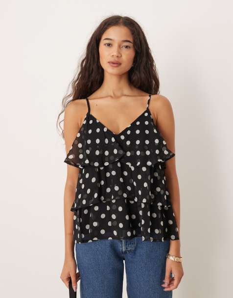 Vila ruffle cami top in black and white polka dot - view 1