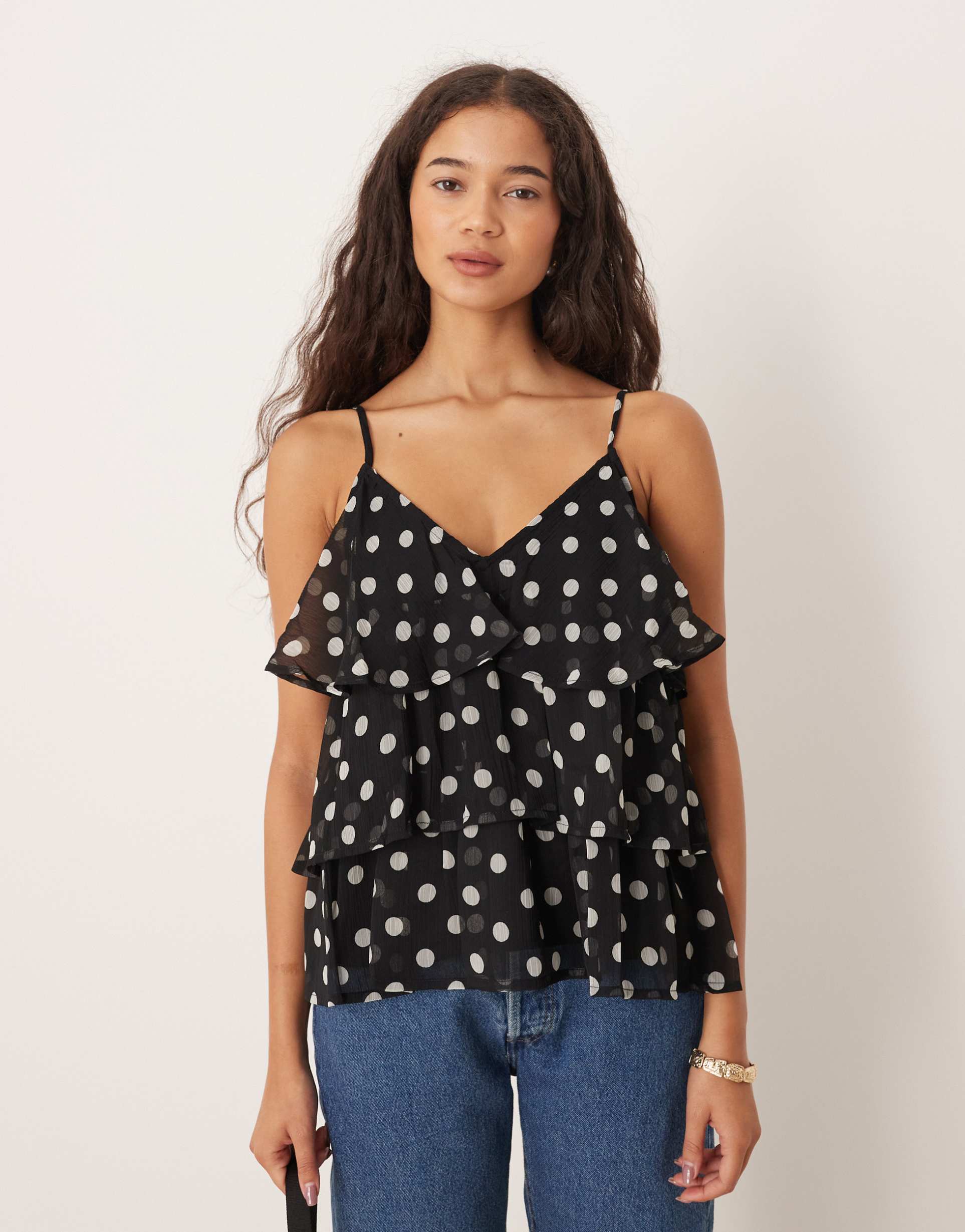 vila ruffle cami top in black and white polka dot