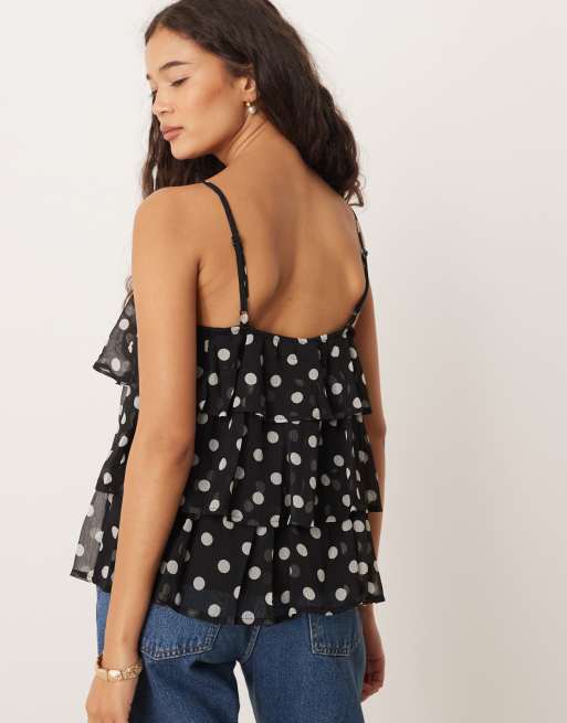 VILA ruffle cami top in black and white polka dot, 4 of 4