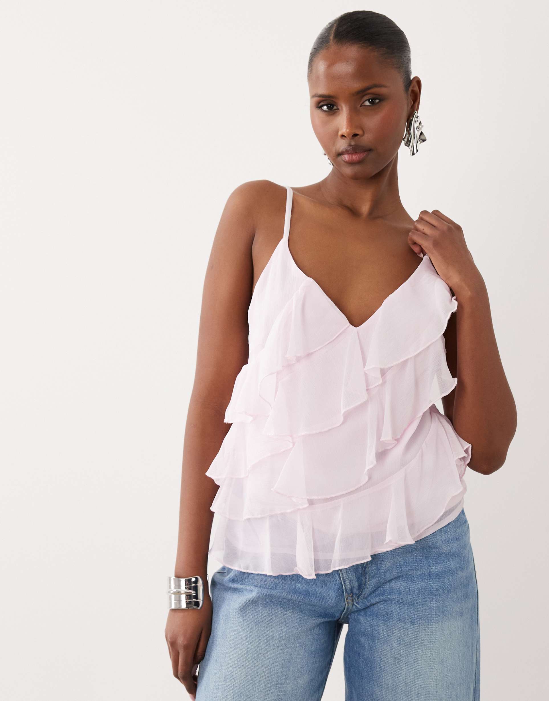 vila ruffle cami top in cherry blossom pink