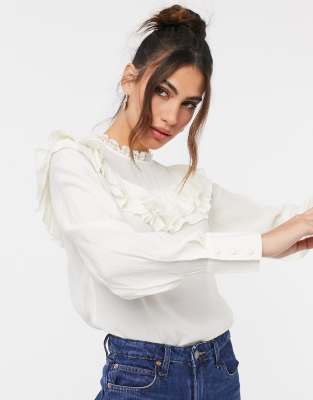 Vila long sleeve high neck blouse in black watercolour print