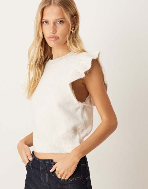 VILA ruffle detail knit tank top in natural melange - view 1