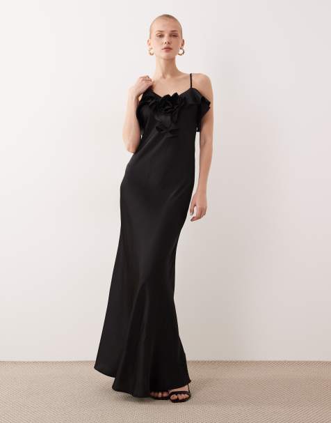 VILA ruffle detail satin cami maxi dress in black - view 1