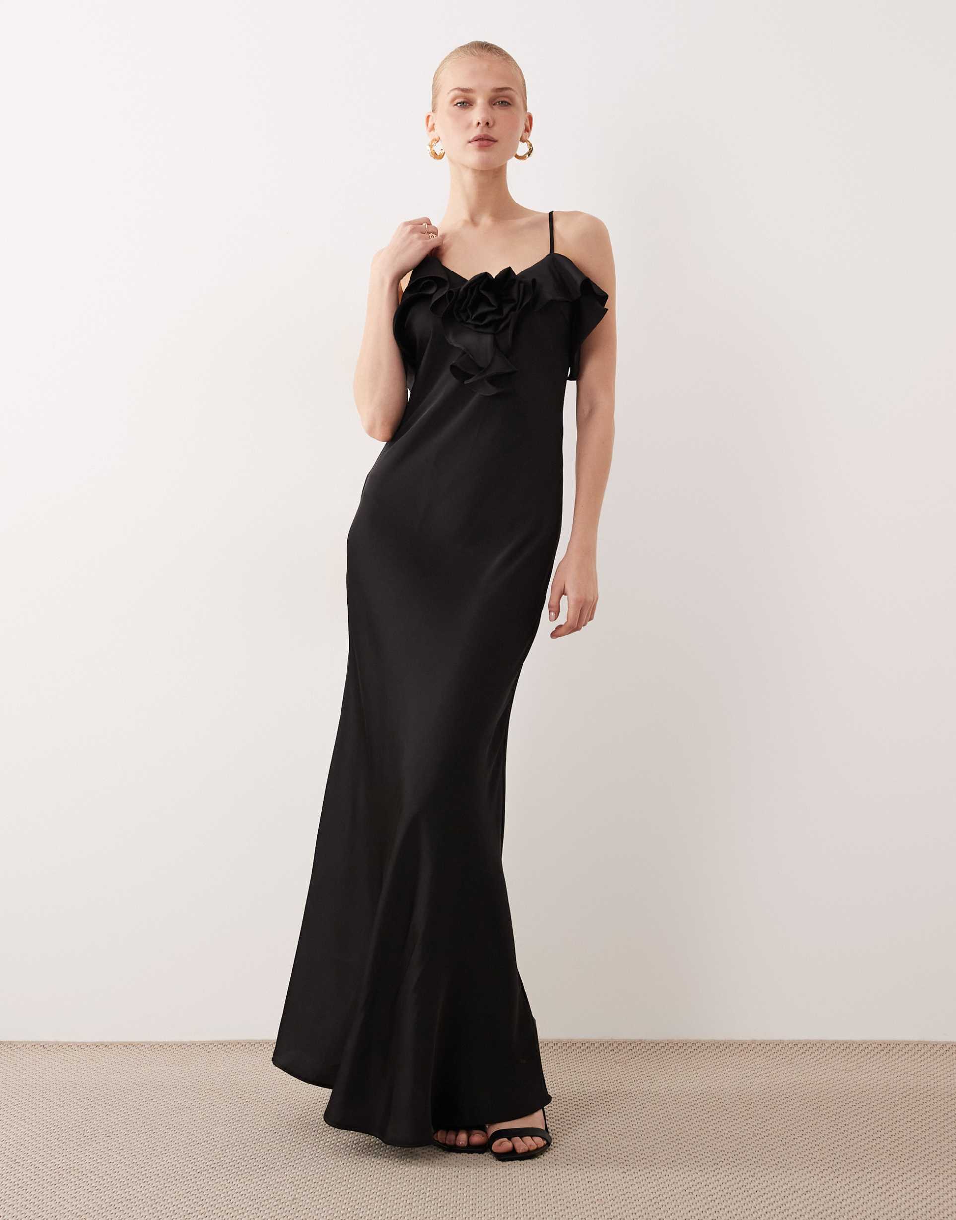 vila ruffle detail satin cami maxi dress in black