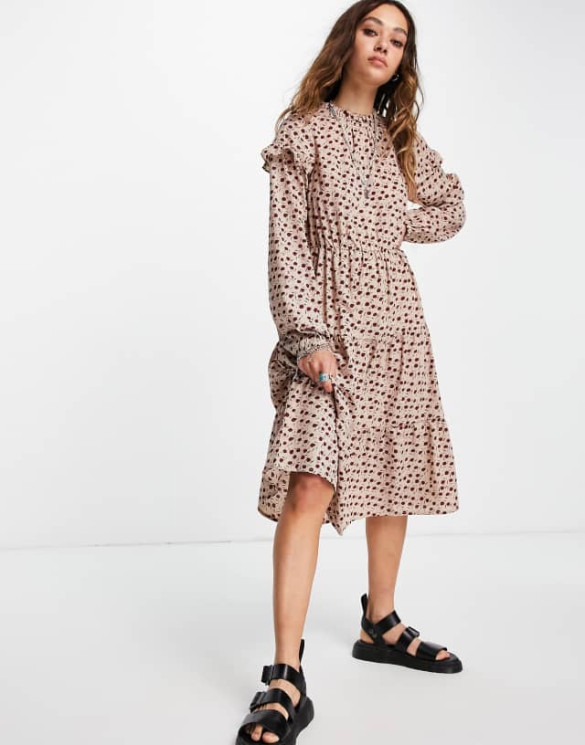 Vila ruffle detail shirt dress in print