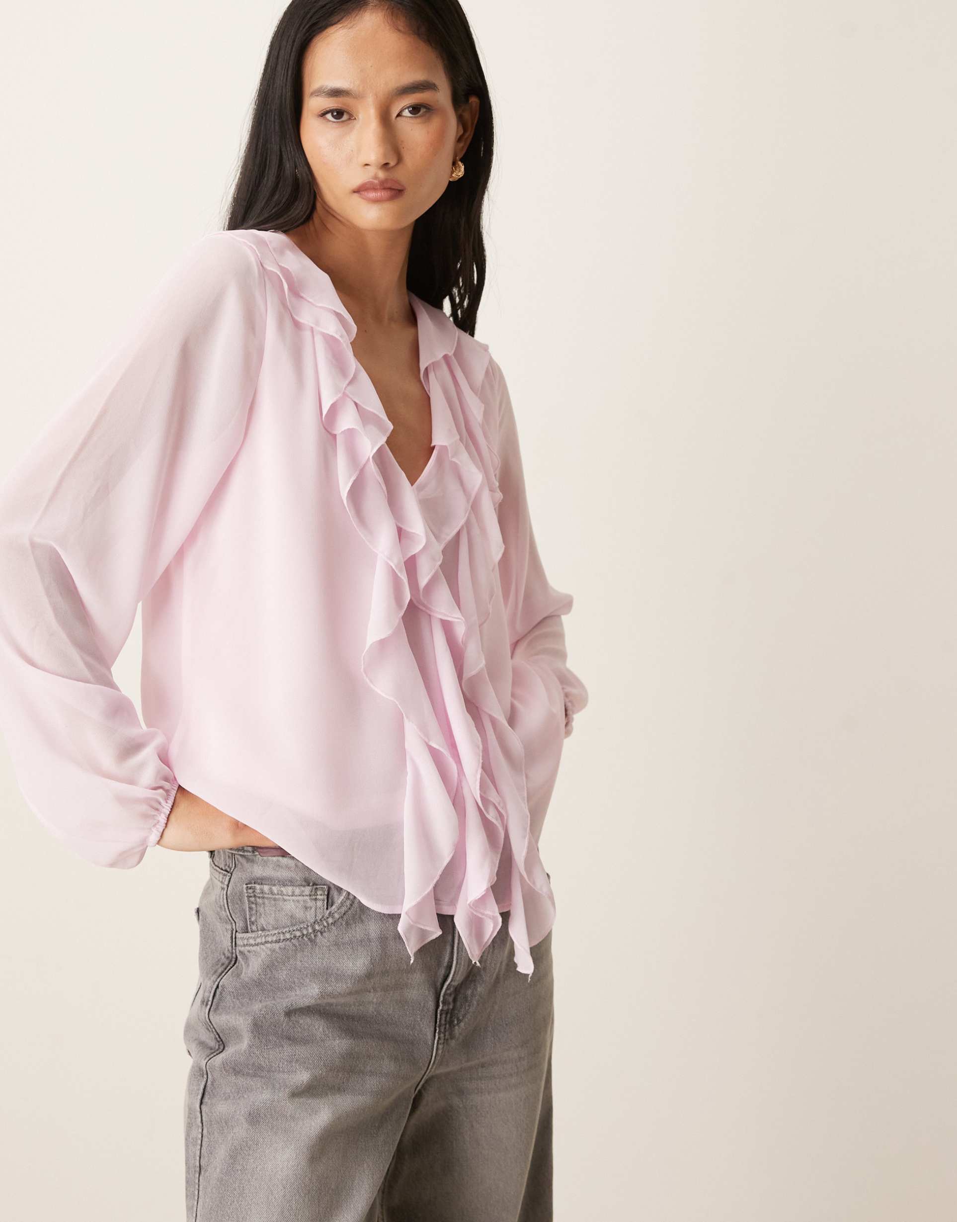 vila ruffle frill woven blouse in cherry blossom pink